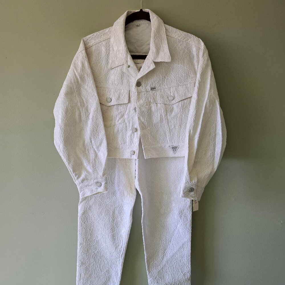 Vintage GUESS by Georges Marciano White Lace Denim Jacket & Jeans Set NWT